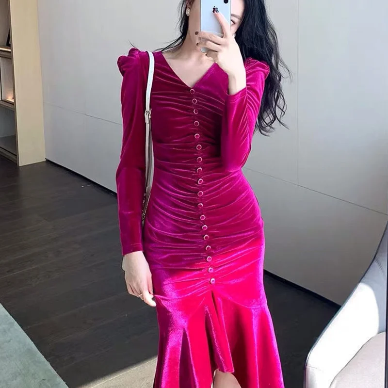 

Осень-зима 202, новое модное нерегулярное однотонное элегантное платье с v-образным вырезом и длинными рукавами, женские темпераментные плиссированные платья