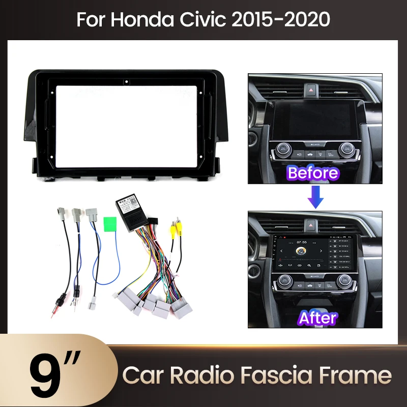 

9'' For Honda Civic 2015-2020 Car Multimedia Radio Screen Plastic Outer Frame Power Cord Kit Adapter Canbus One Piece Frame Cord