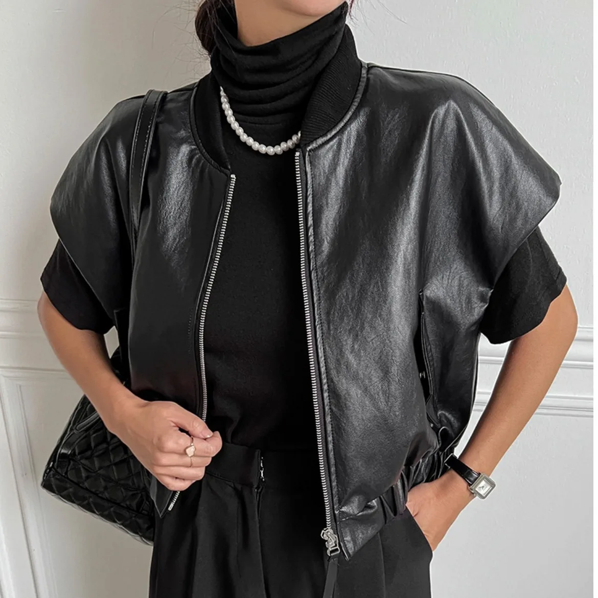 

Chic Vintage High-End round Ne Zipper PU Leather Loose Versatile Svel Vest ort Jaet Women's Faion Autumn Outerwear