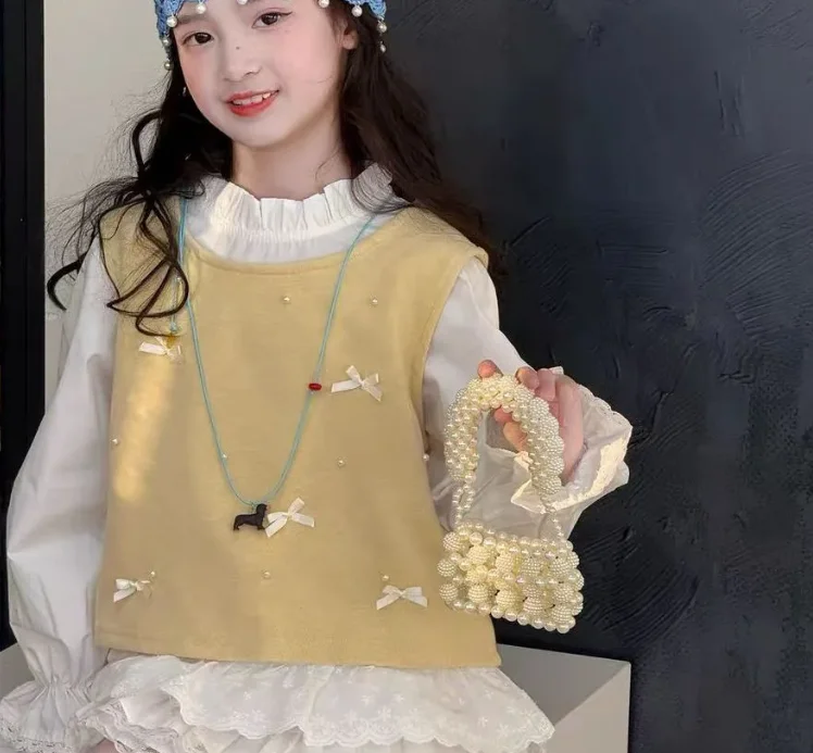 2023 Spring Autumn Baby Girls Sweet Candy Color  Knitting Sweater Vest  Shirts Clothing Sets Children Korean Blouse Vest Outfits
