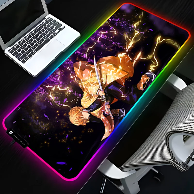 RGB LED Mouse Pad Rubber Mousepad Laptop Gaming Mats PC Accessories Extended Pad Office Non Slip D-demon Slayer Zenitsu Desk Mat