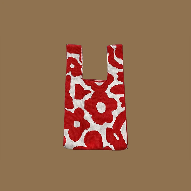 

1Pc Knitted Wrist Bag Women Bag Casual Shoulder Bag Tote Bag Flower Print Female Reusable Shopping Bags Woven Handbag Fashion