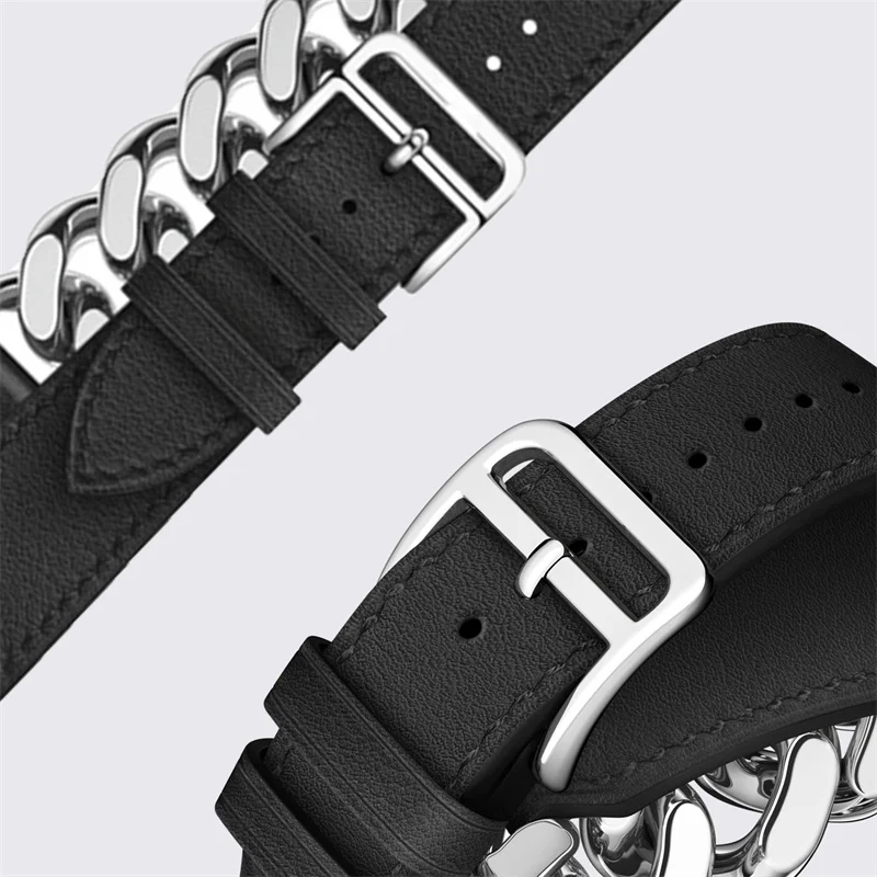 Genuine Leather Strap For Apple Watch Ultra 2 49mm Metal Double Tour Bracelet For iWatch 10 9 8 46mm 45mm 41mm 42mm 40 44mm Band