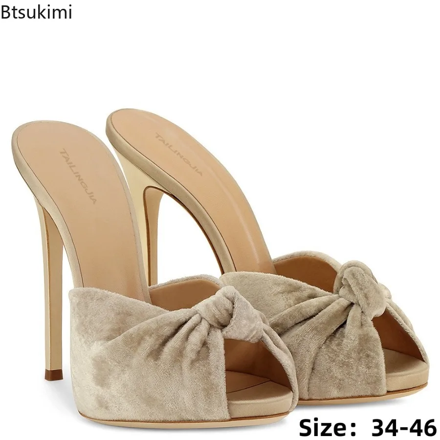 Suede Velvet Peep Toe High Heel Slippers Bow-Knot Shallow Slip on Women Summer  Fashion Sexy Thin Heel Slides Plus Size 34-46
