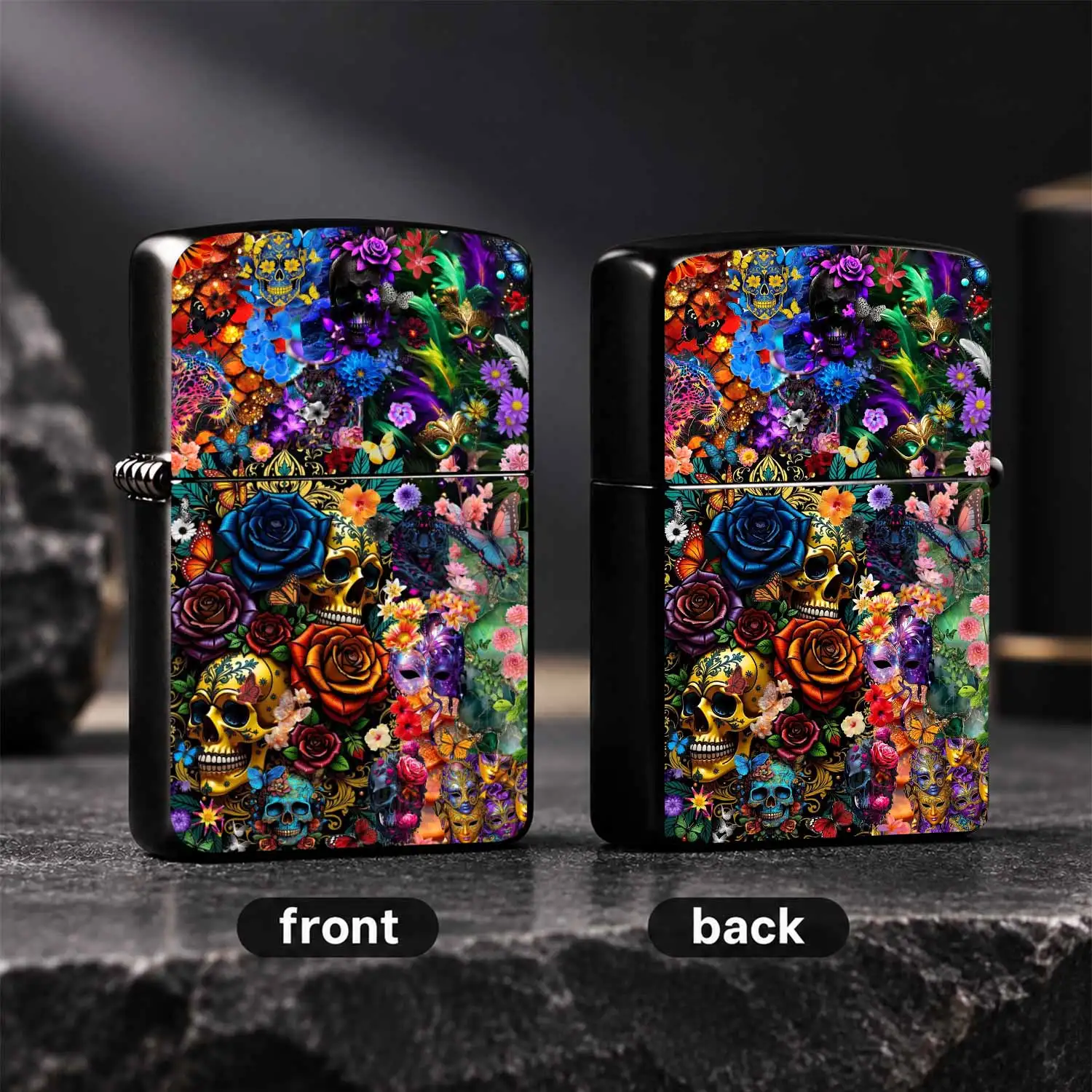 Creative Day Of The Dead Sugar Skull Floral Decor Lighter, Trendy Dazzling Leopard Print Carnival Mask Exquisite Pattern, Suitable For Outdoor Trips Daily Gifting Party Decoration Full Scenarios, Unique Atmosphere Art Trendy Portable Access
