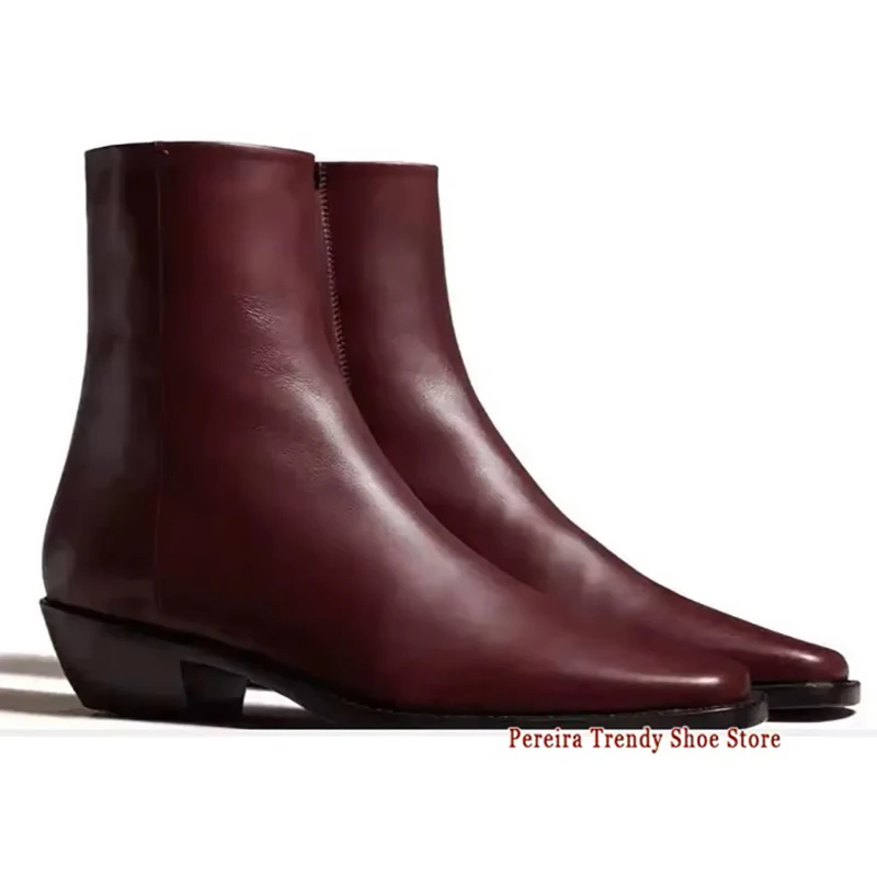 Wine Red Black Cowhide Chelsea Boots Genuine Leather Pointy Toe Side Zipper Short Boots Men's Handmade Casual Business Shoes