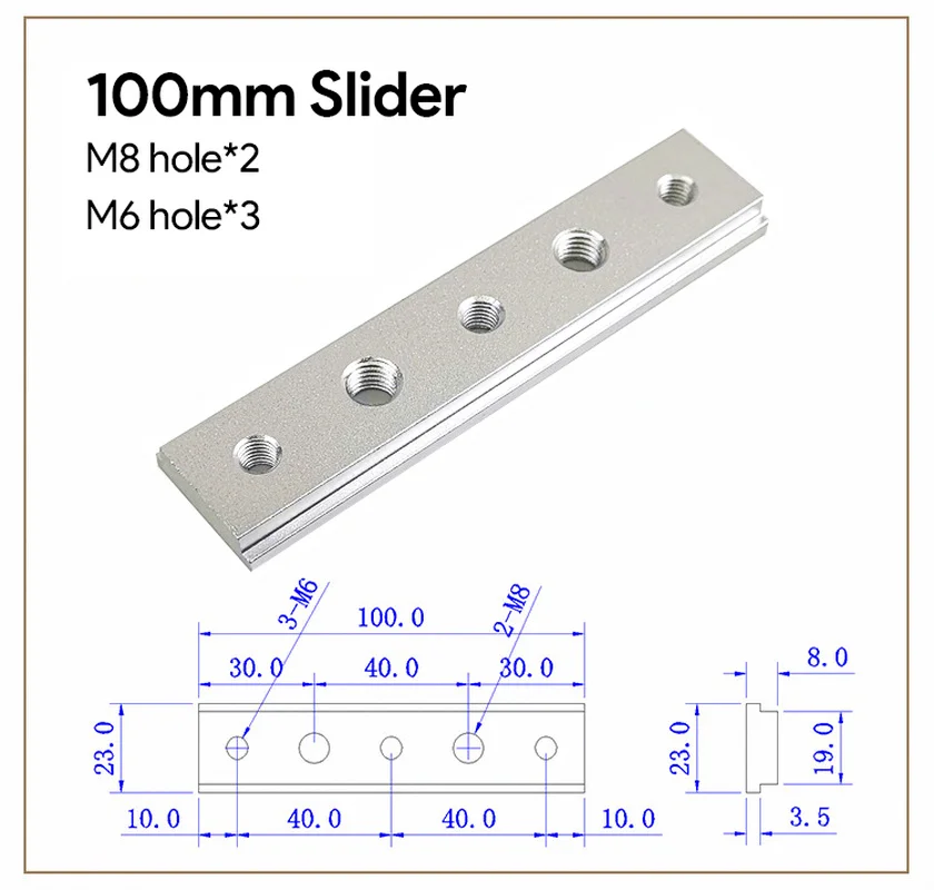 Dalle de barre d'écrou coulissant à fente en T, 100mm, trous de vis M6 M8, écrou coulissant universel en T de type 30/45, bricolage, outils de travail de calcul