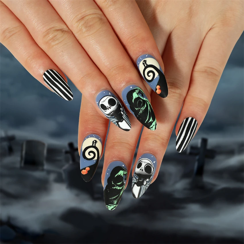 24 pz/set Halloween Press on Nails Set Nero French Nail Copertura Completa Bara Acrilico Unghie Finte Breve Stampa su Punte False Del Chiodo