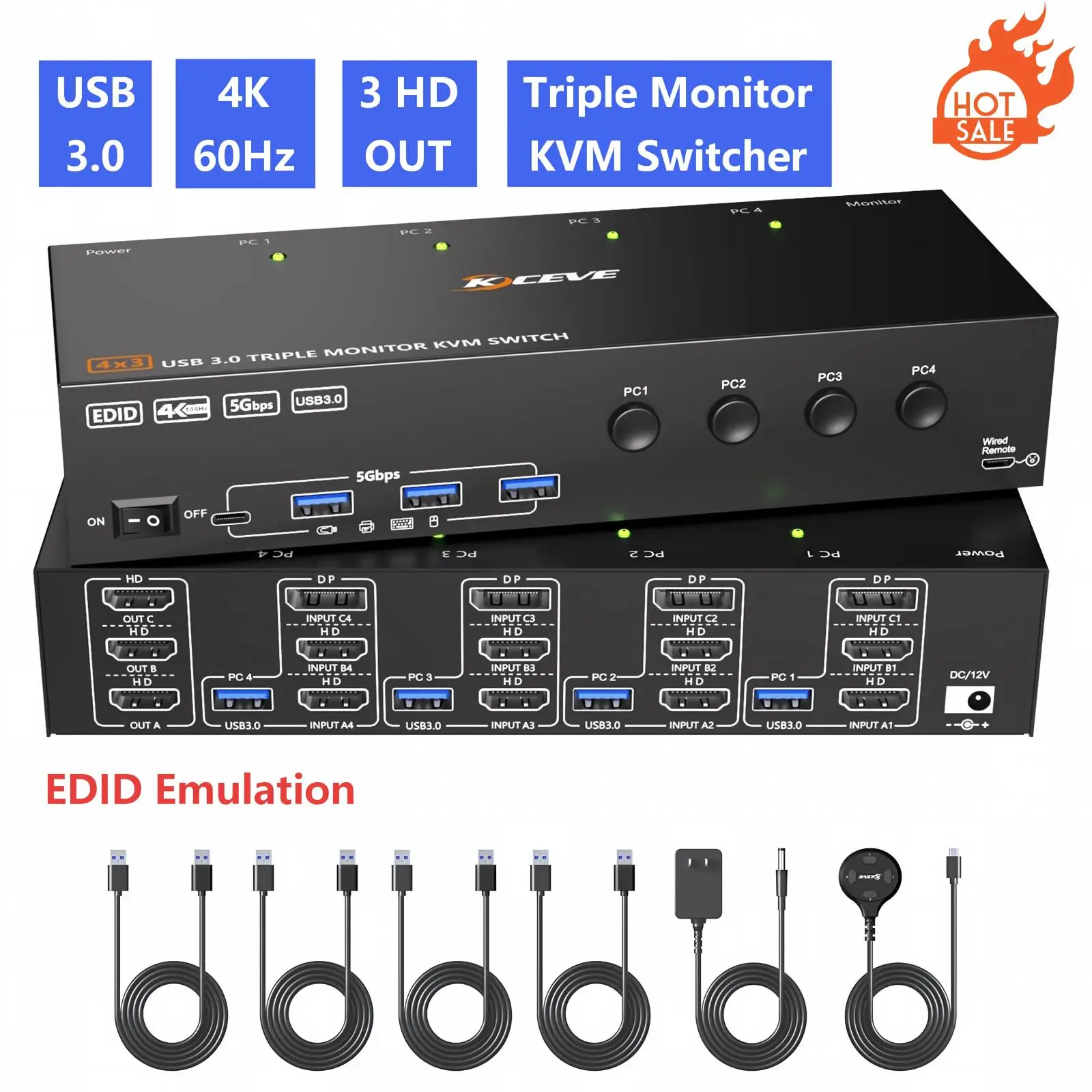 USB 3.0 KVM Switch 3 Monitors 4 Computers Displayport HD 4K@60Hz EDID Emulation,Triple Monitor KVM Switch Share 4 USB 3.0 Ports