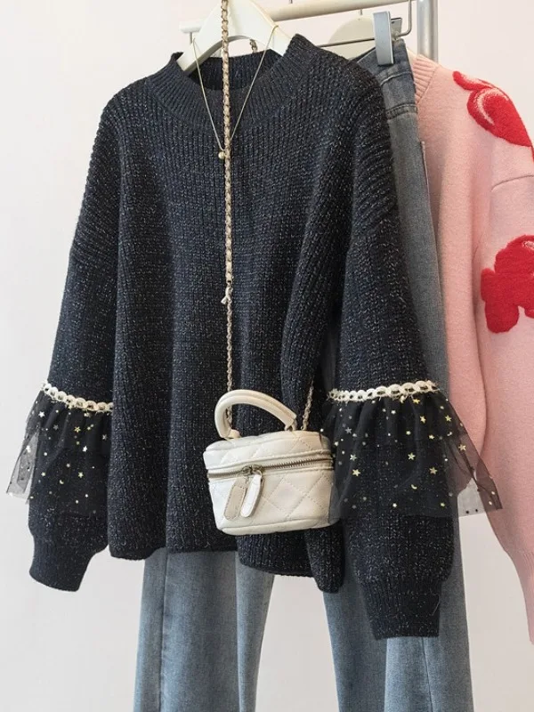 Lace Splice Knitted Sweater Women's Base Layer Spring Autumn plus Size Slimming Shiny Thread Top Heavyweight Inner Wear