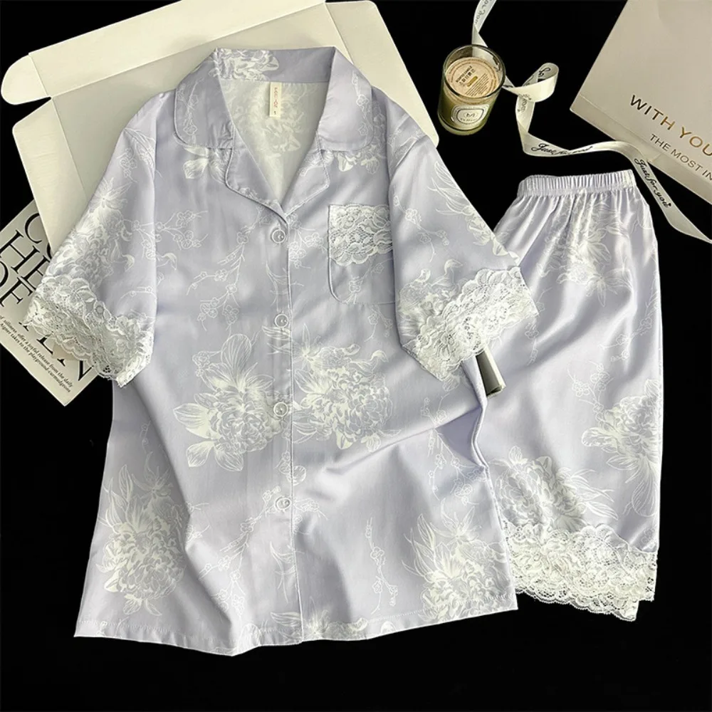 

Floral Ice Silk Pajamas Set Home Suit For Women Nightwear New Short Sleeve Pajamas Women's Two-piece Set Pyjama Femmes Nightie