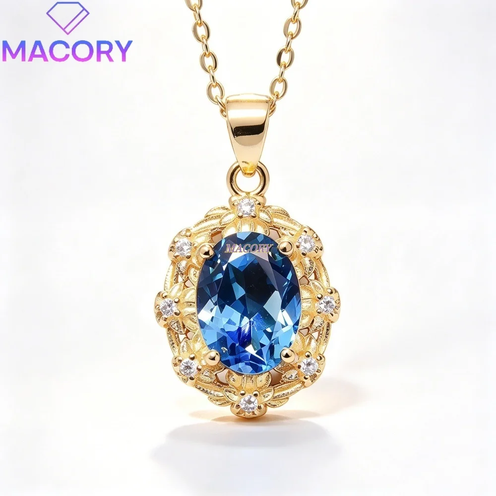 Natural London Blue Topaz Pendant Necklace S925 Sterling Silver Vintage Hollow Floral Jewelry Anniversary gift Birthday gift