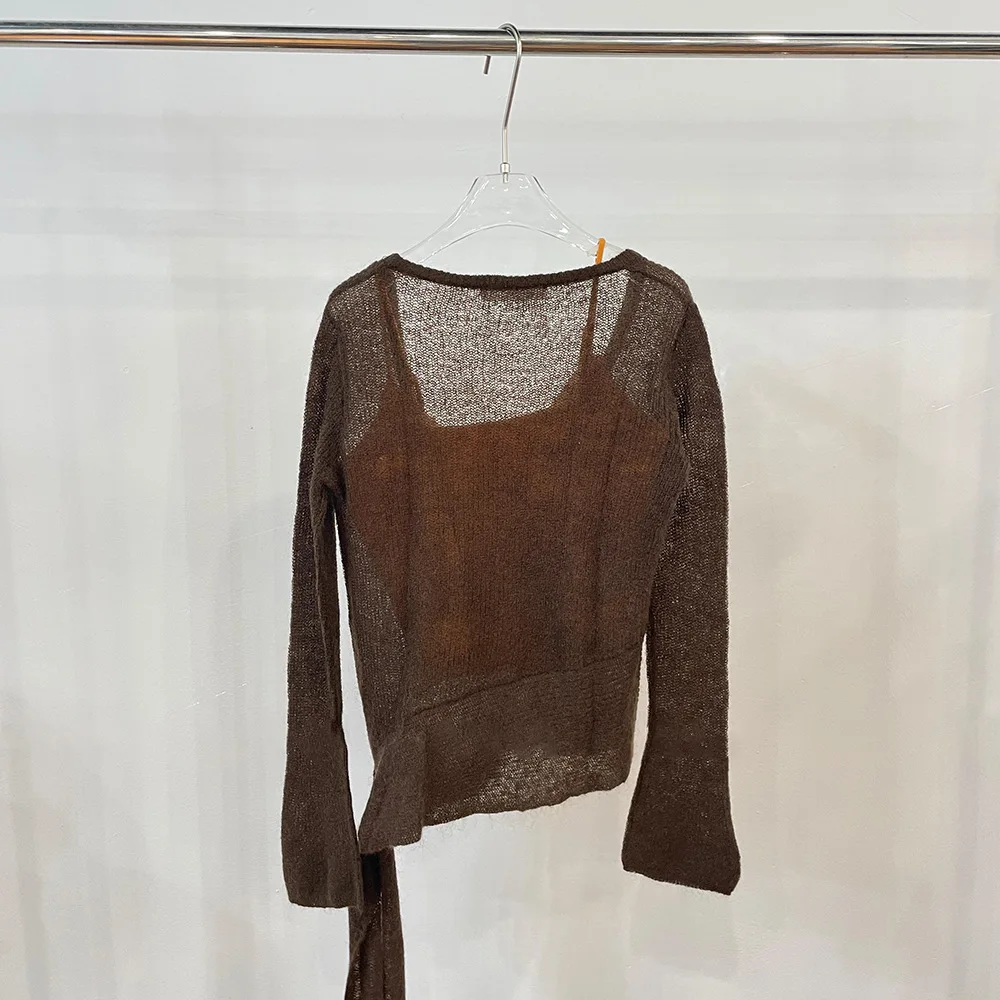 2025 Autumn New Low-neck Thin Wool Sweater with Flared Sleeves - Two-Piece Set with Tied Casual Top