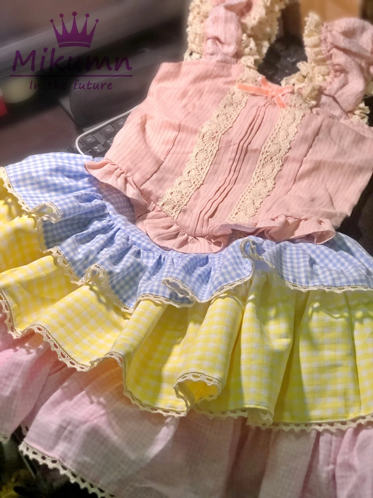 Harajuku Y2k Women Skirts Japanese Sweet Blue Yellow Pink Plaid Lace Cake Mini Skirt Ball Gown Lolita Kawaii Skirts