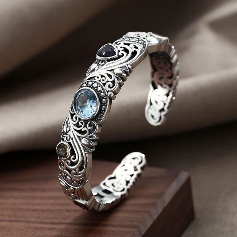 2024 New Style Vintage Thai Silver Shiny Crystal Female Bangle Promotion Jewelry For Women Mother's Day Gifts Never Fade