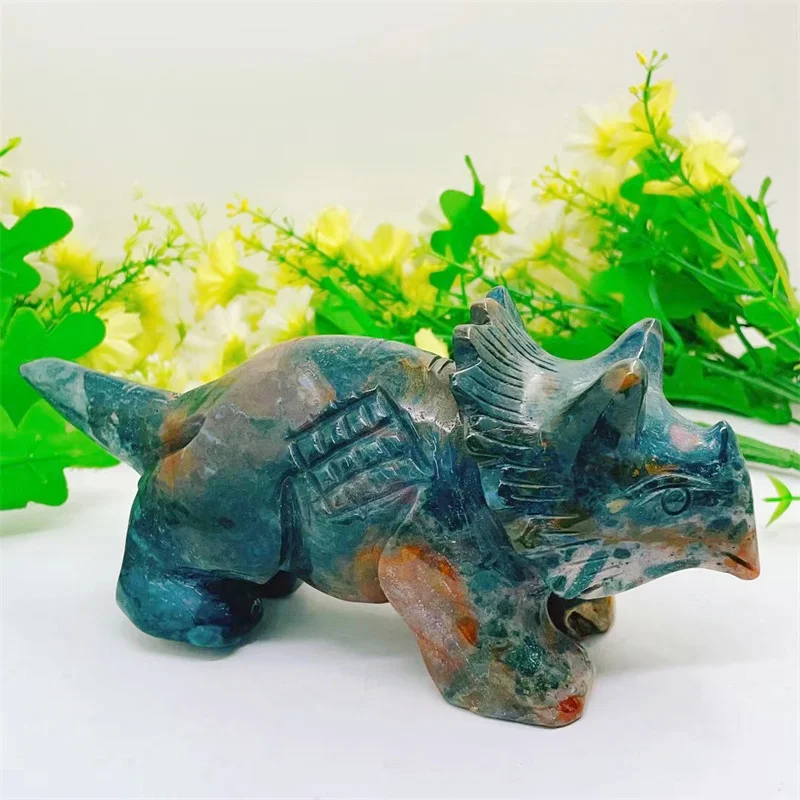 17CM Natural Moss Agate Dinosaur Statue Gemstone Carved Healing Fashion Home Room Decor Holiday Gift 1PCS