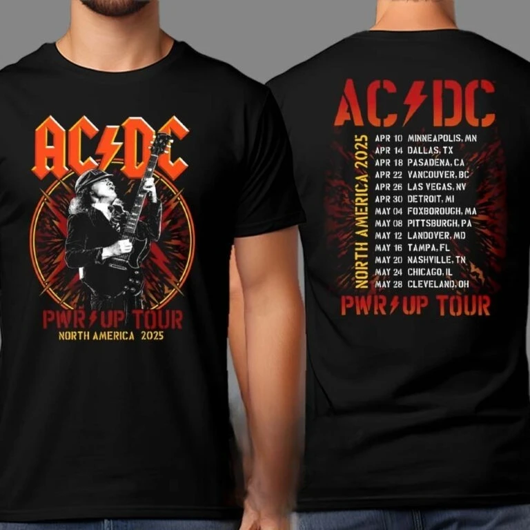 تي شيرت AC DC PWR UP Australia Tour 2025 للبضائع مع قائمة التواريخ لشهر نوفمبر وديسمبر تي شيرت مطبوع على الوجهين للجنسين
