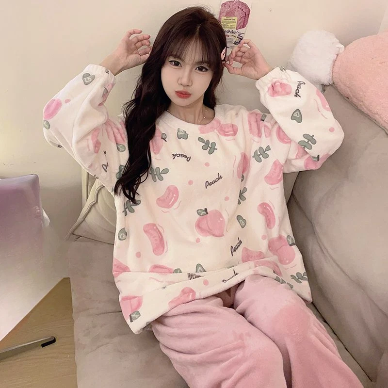 Round Neck Cartoon Pajamas Autumn Winter Fleece-Lined Warm Women's Sleepwear Set Student Sweet Flannel Loose Homewear Suit 2024
