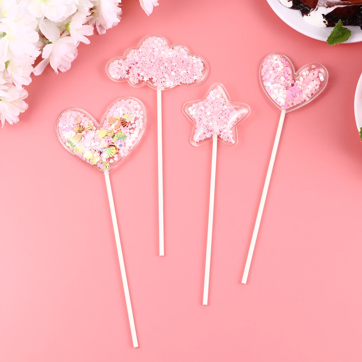 

Confetti Cake Toppers Heart Shaped Picks Decorative Flash Inserts for Birthday Party Cake Cupcake Dessert Accessories