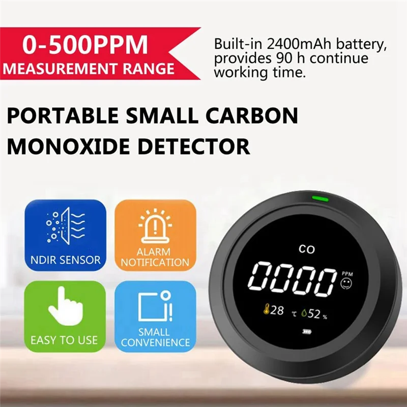 Portable Carbon Monoxide Detector [3-In-1] Air Quality Monitor/Temperature/Humidity/Smoke CO Gas Sensor