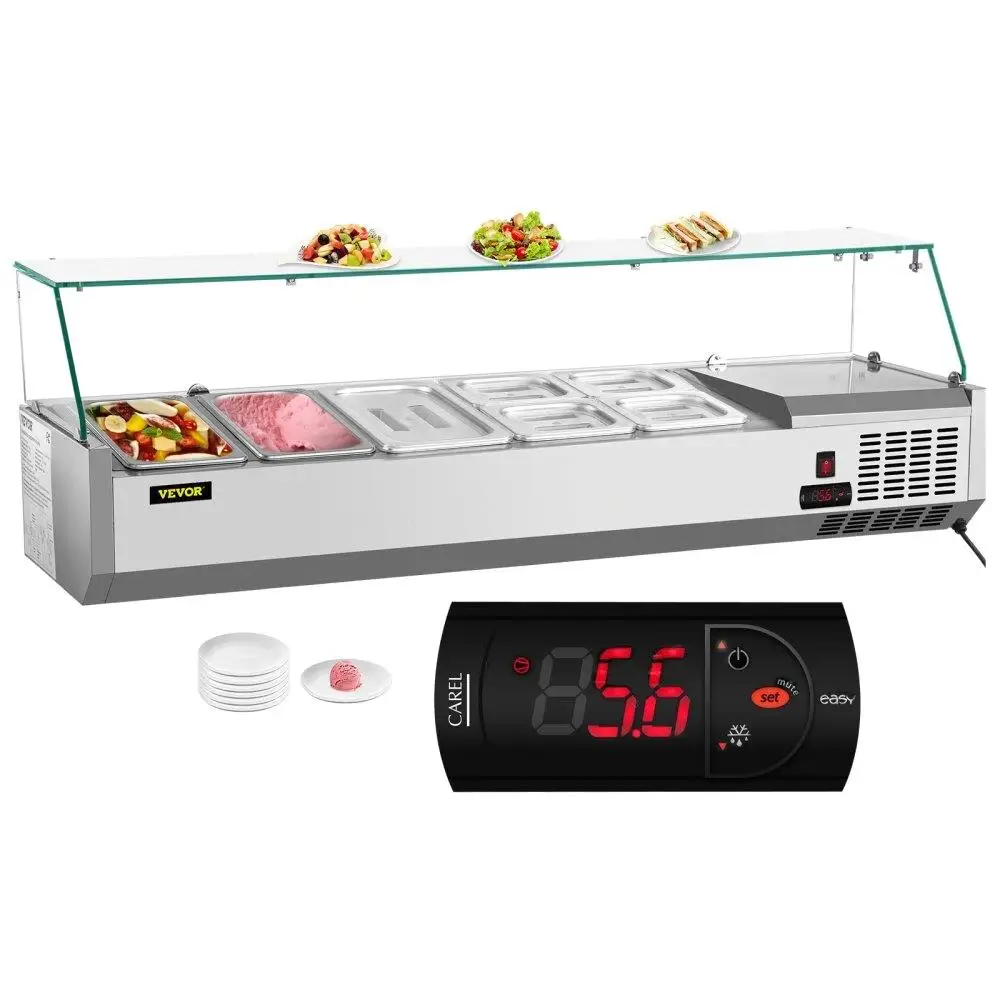 

Refrigerated Condiment Prep Station 55 Inch 13.8Qt 3 1/3 Pans 4 1/6 Pans 150W Salad Bar Digital Temp Display Auto Defrost 304