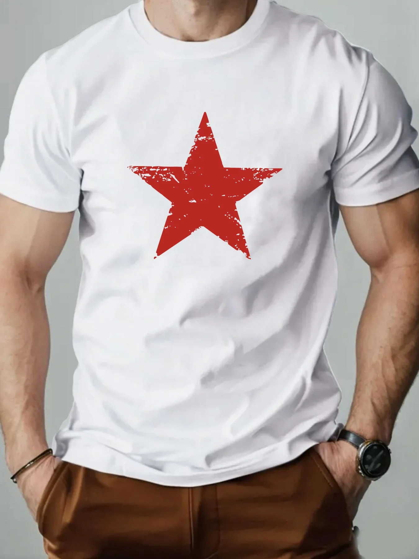 Male Five-pointed Star Pattern Summer Casual Round-neck Short Sleeve T-Shirt  Men's New Trend T-Shirt  Fitness and Sports
