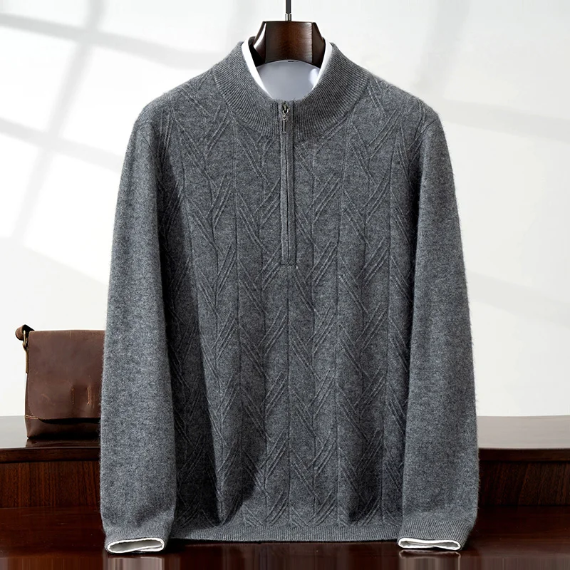Autumn Winter New 100% Cashmere Sweater Men's Sweater Half Turtleneck Tree Branch Pattern Half Zip Pullover Knitted Base Shirt
