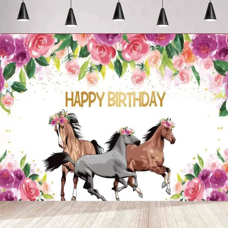 

Photography Backdrop For Happy Birthday Party Western Cowboy Cowgirl Spirit Horses Pink Floral Background Wall Banner Decor