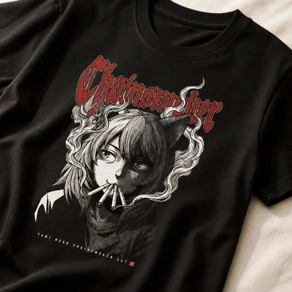 Also, Neko Chainsmoker Katzen-T-Shirt für Männer, 100 % Baumwolle, lustiges T-Shirt mit kurzen Ärmeln, Geschenk-T-Shirts. – Detail 5
