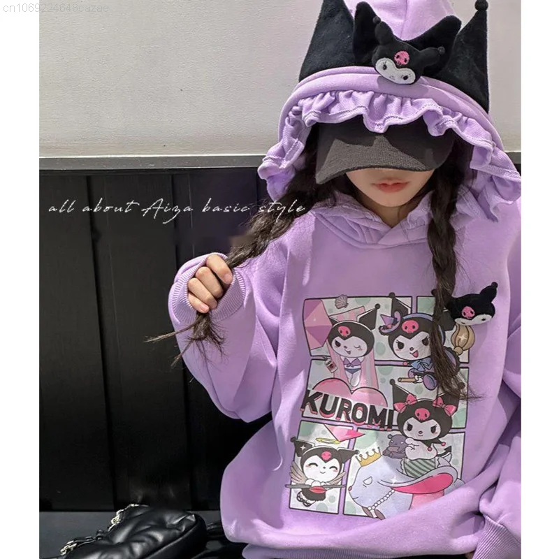 Sanrio Kuromi Clothes Girls Korean Style Cartoon Cute Hoodies Y2k Autumn Winter Harajuku Aesthetic Tops Purple Fashion Pullovers