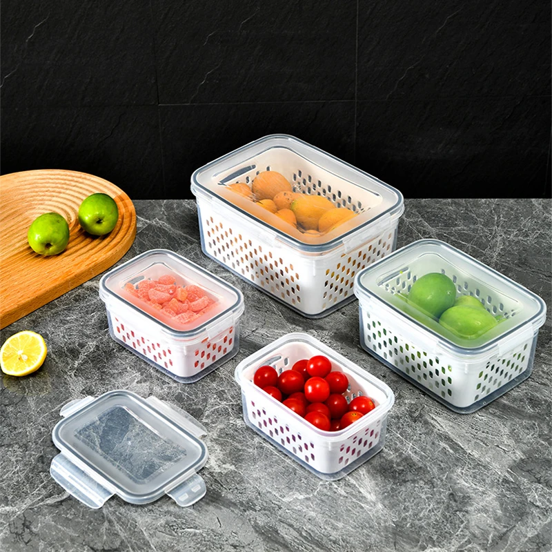 Cesta de limpieza de frutas, contenedor de almacenamiento de alimentos para nevera con tapas con colador, cajas de almac