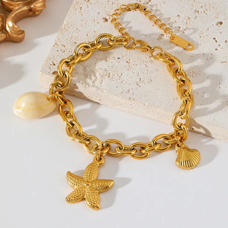 EILIECK 316L Edelstahl Ozean-Stil Seestern-Muschel Armband-Halsketten-Set für Damen, Goldener Kragen, Sommer, Handgefertigter Schmuck – Detail 17