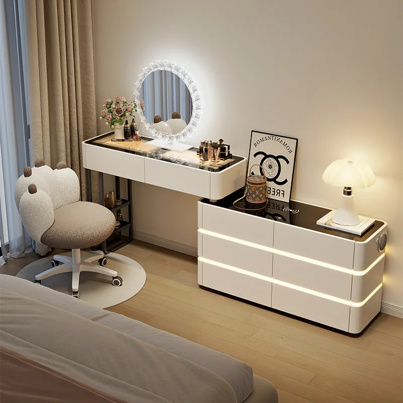 

Modern Dressing Table Corner Vanity Desk with LED Mirror, Makeup Station Featuring Charging, Storage and 6 Drawers with Chairs