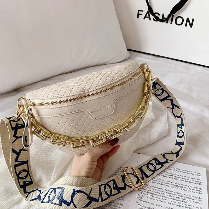 Elegant Braid PU Leather Chain Waist Bags For Women Weaving Design Waist Packs Female Fanny Pack Ladies Wide Strap Crossbody Bag