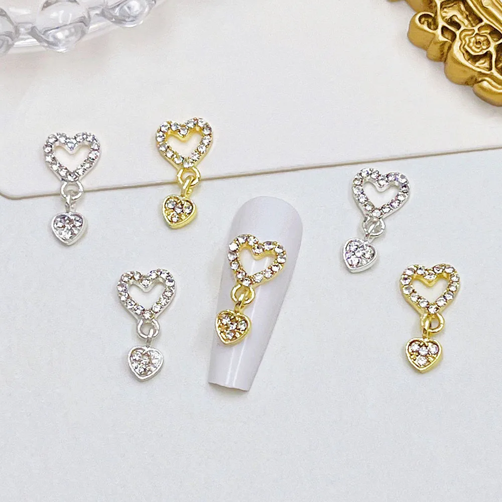 10 Stück Luxus Herz Baumeln Nagel Charms 3D Legierung Nagel Strass Silber Gold Hohl Herz Nagel Edelsteine Stern Juwelen Maniküre Teil – Detail 4