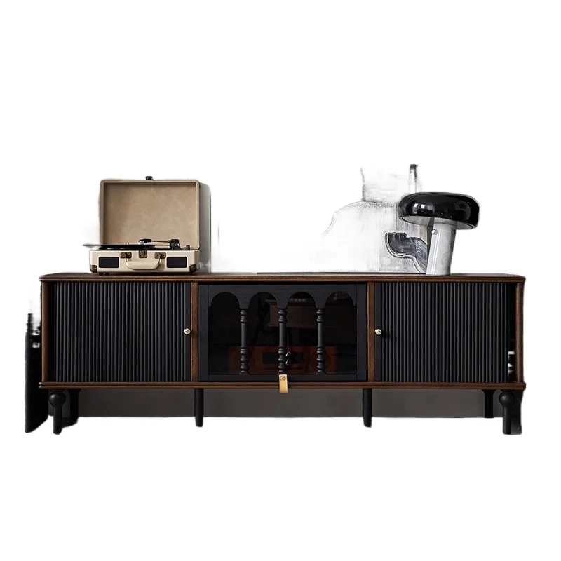 

French retro solid wood TV cabinet black American small apartment living room locker antique furniture