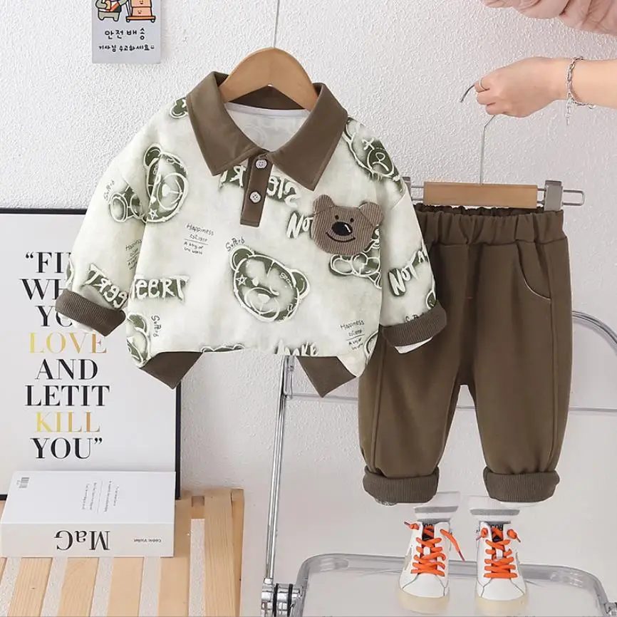 

Toddler Boys Spring Sets Korean Style Cartoon Bear Turn-down Collar Casual Hoodies Pants Two Piece Baby Outfits Kids Clothes