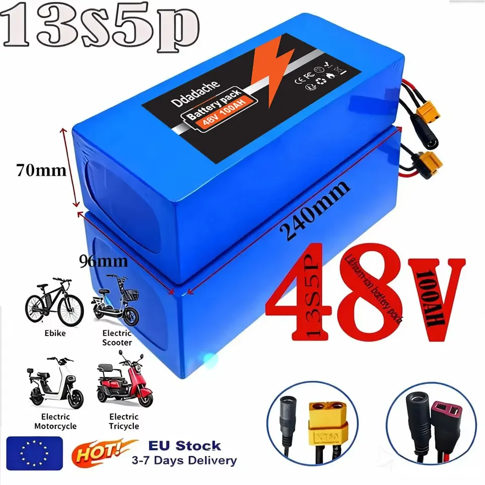 13S5P Elektroroller-Akku 48 V 100 Ah 18650 Lithium-Ionen-Akku mit integriertem intelligenten BMS, geeignet für 500–1000 W Motor + Ladegerät