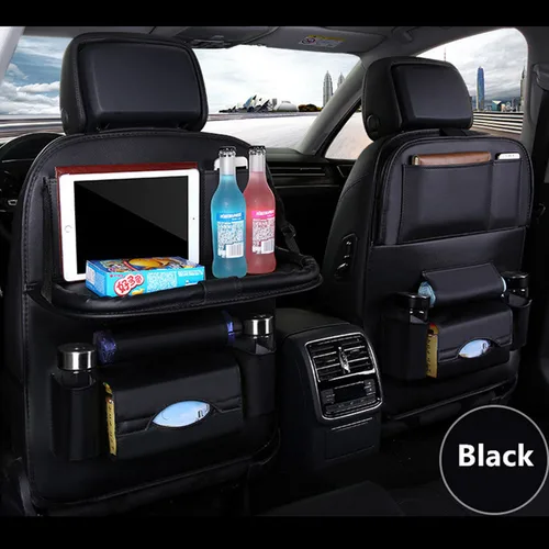 Organizador para respaldo de asiento de coche con bandeja de mesa plegable, organizador de almacenamiento de cuero PU, bolsillos, alfombrillas, accesorios interiores para asiento