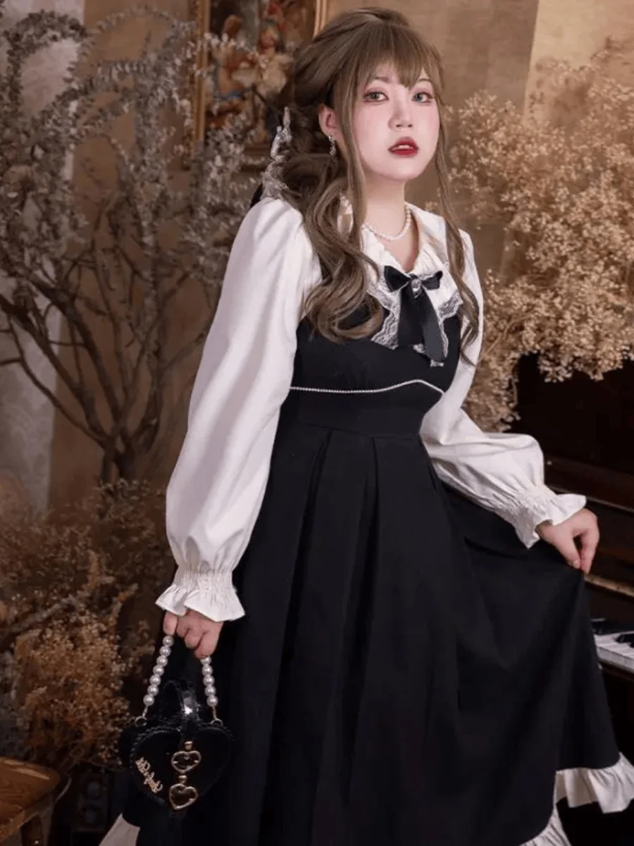 L-4XL Grote maat dames lente nieuwe Lolita lange jurk Slanke kant Hoge taille Lange mouw Prinses Dagelijkse jurk Zwarte korte jas