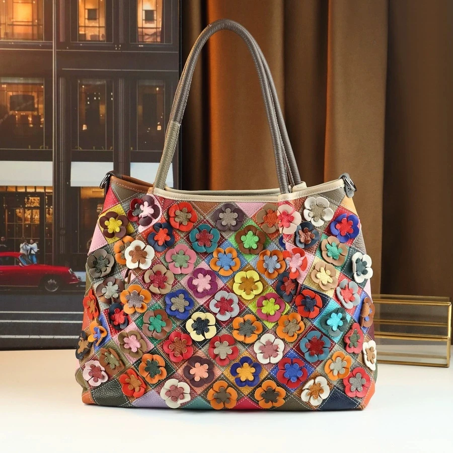 

Colorful Floral Genuine Leather Handbag Women Big Real Cow Leather Tote Bag Fashion Ladies Shoulder or Crossbody Bags