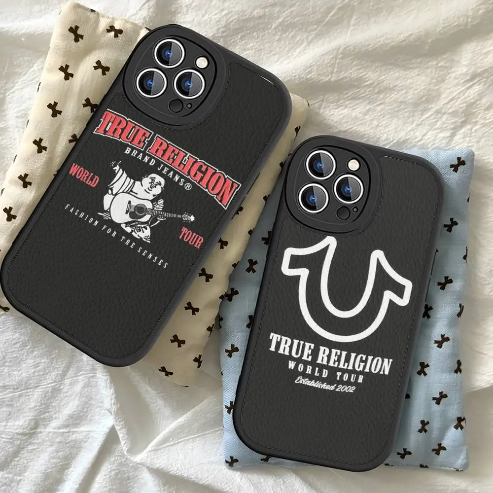 Funda de Teléfono Denim T-True R-Religion de Cuero Duro para iPhone 14 13 16 Mini 15 14 11 12 Pro Max Plus