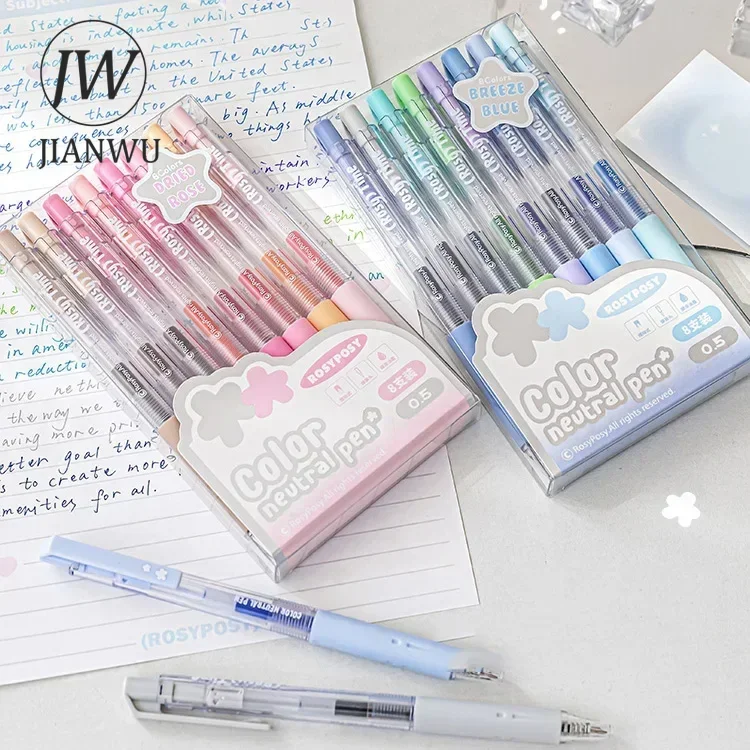 JIANWU 8 Pcs/set Dopamine Color Press Gel Pen Set 0.5mm Drawing Tool Creative DIY Journal Student Supplies Stationery