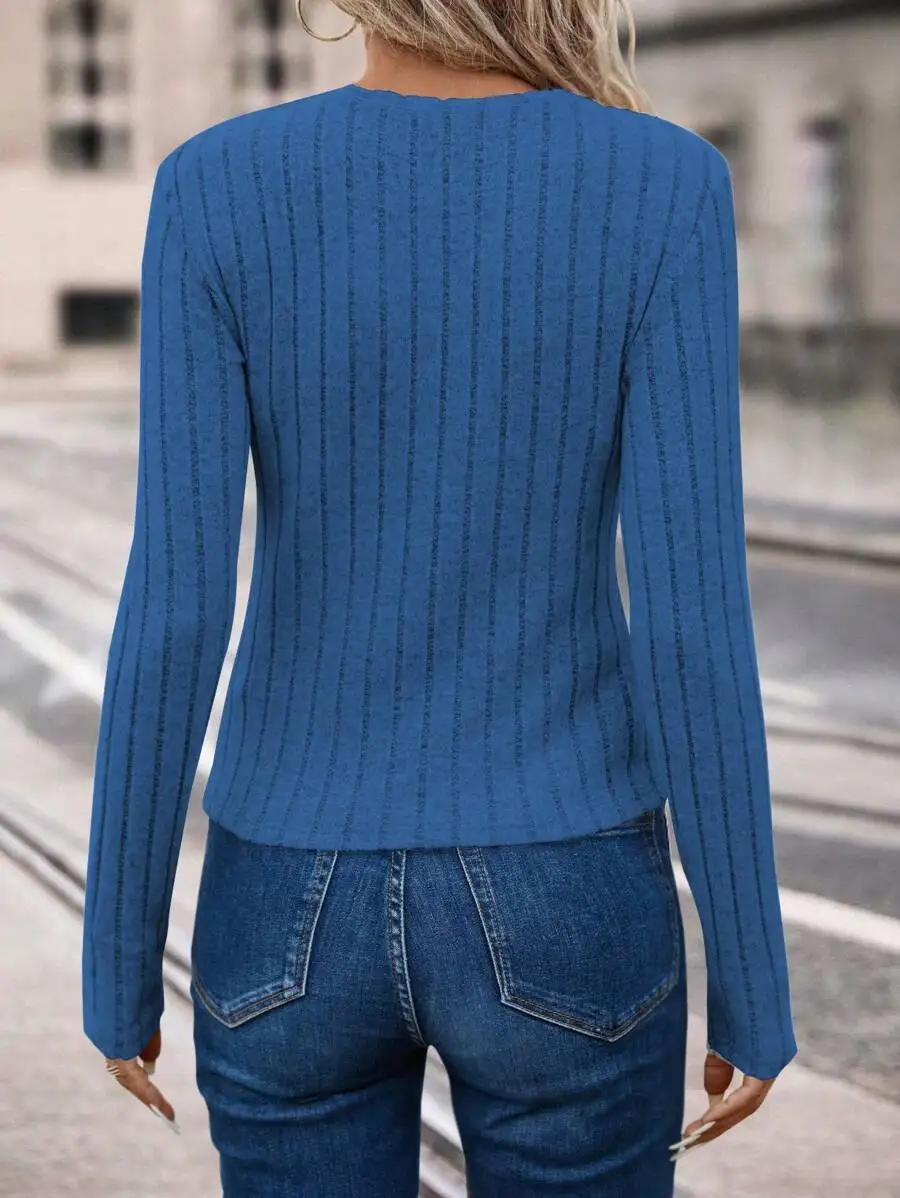 Spring and autumn women's solid color V-neck large ribbed casual long-sleeved top