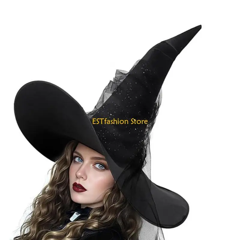 Y5GC Mesh Crinkled Witch Hat for Halloween Party Wizard Hat Unisex Pointed Witch Caps Adult Teens Cosplay Costume Headpiece