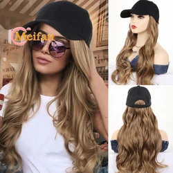 MEIFAN Long Wavy Synthetic Wig Baseball Cap with Hair extensions Hat Wigs Bone Black Natural Connect Wig Adjustable for women