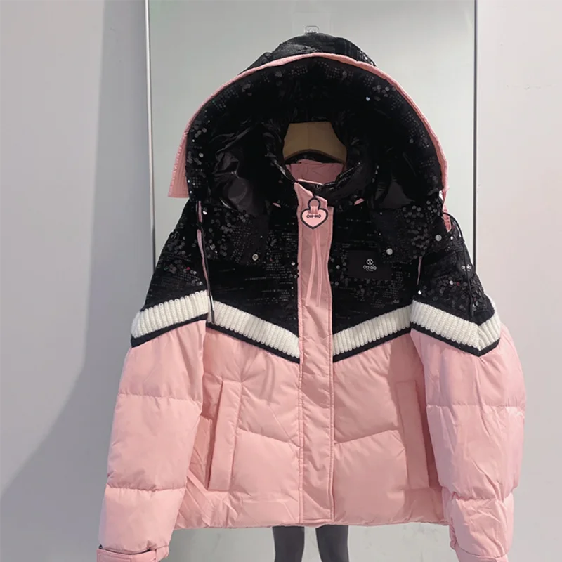 Spleißen Pailletten kurze Daunen jacke für Frauen 2024 Winter neue Mode Streetwear 90% Enten Daunen mantel