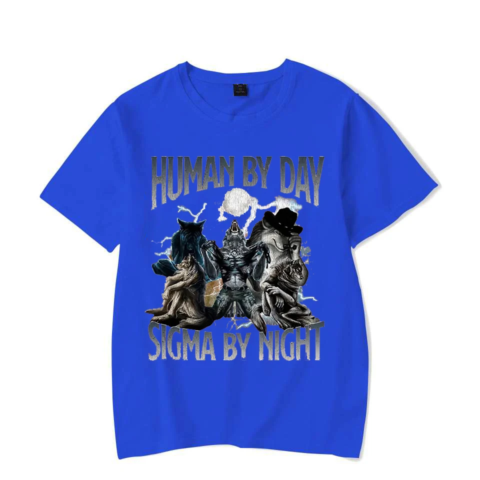 Human Day Sigma Night Fun Wolf Pattern T-shirt Men's and Women's Casual Loose Short Sleeve Oversized T-shirt Street Couple's Top