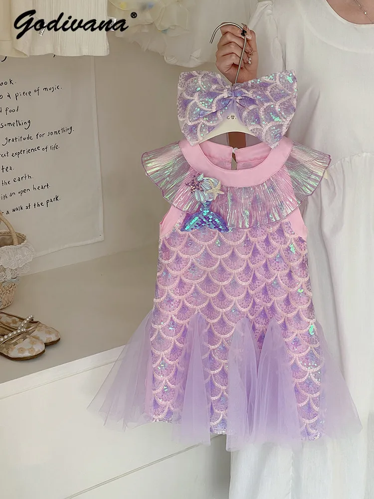 Sweet Baby Girls Summer Mermaid Princess Dress Childrens Fashion Sequined Fishtail Mesh Patchwork Ruffle Neck Performance Dress