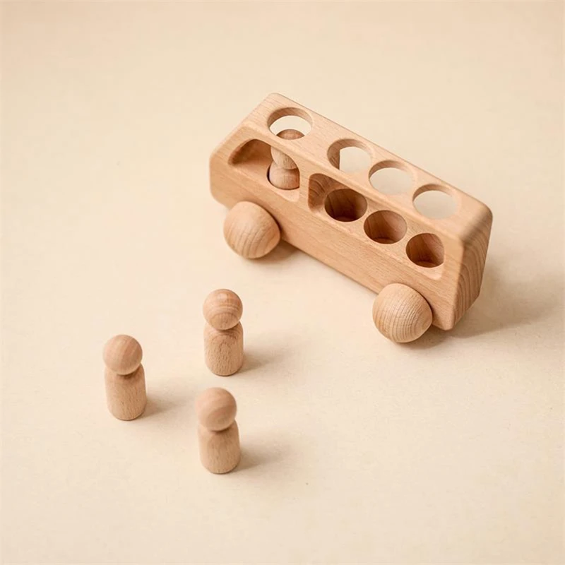 Outdoor Wooden Bus Game Kit Baby Wooden Bus Educational Blocks Natural Wood Car Little Doll Teething Toys Birthday Gifts